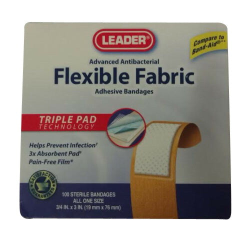 Leader Brand Advanced Antibacterial Flexible Fabric Adhesive Bandages, 100 Ea